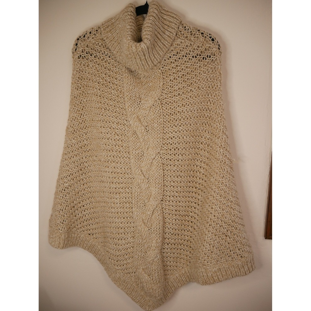 Eddie Bauer Women Beige Cable‎ Knit Turtleneck Poncho Sweater Wool Blend ML